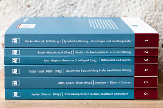 Zu sehen sind sechs Bücher der Schriftenreihe "Sprachliche Bildung", die übereinander gestapelt sind.